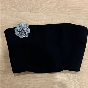 Amanda Uprichard Black Strapless Top with Silver Floral Detail